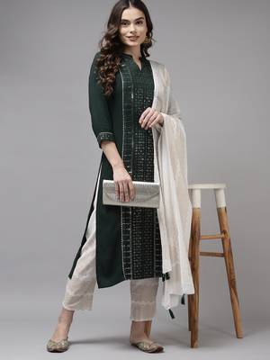 Indo Era Green Embroidered Straight Kurta Trouser With Dupatta Set 4