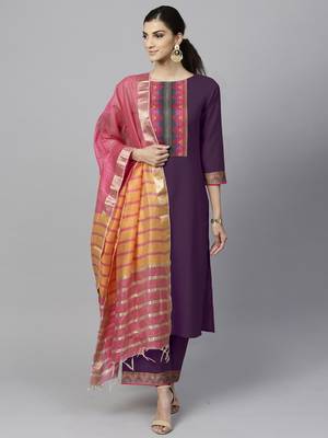 Indo Era Purple Solid Straight Kurta Palazzo With Dupatta Set 1