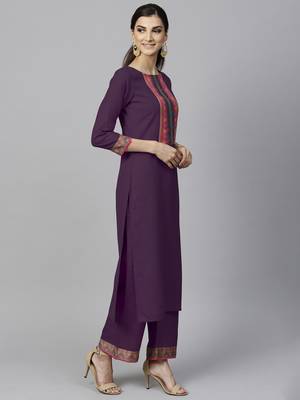 Indo Era Purple Solid Straight Kurta Palazzo With Dupatta Set 4