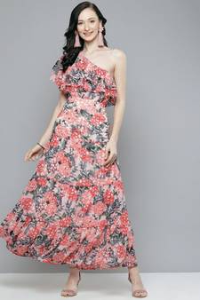 Peach Floral One Shoulder Maxi Dresses