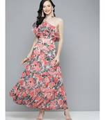 Peach Floral One Shoulder Maxi Dresses