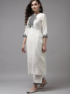Indo Era White Embroidered Straight Kurta With Palazzo With Dupatta Set 3