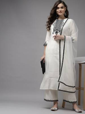Indo Era White Embroidered Straight Kurta With Palazzo With Dupatta Set 4