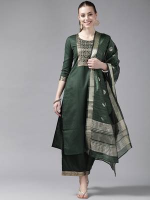 Indo Era Solid Green Straight Kurta Palazzo With Dupatta Set 1