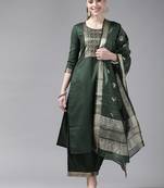 Indo Era Solid Green Straight Kurta Palazzo With Dupatta Set