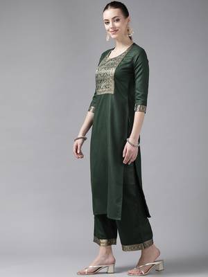 Indo Era Solid Green Straight Kurta Palazzo With Dupatta Set 3