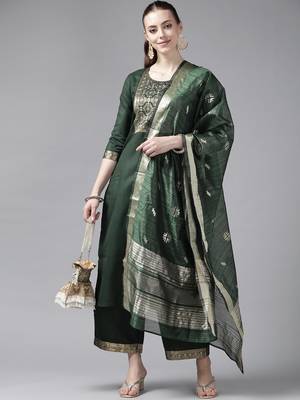Indo Era Solid Green Straight Kurta Palazzo With Dupatta Set 4