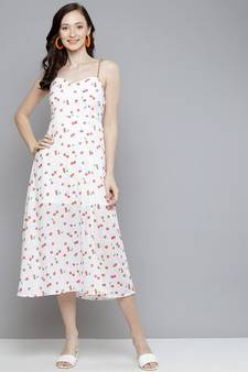White Cherry Print Strappy Side Slit Dresses
