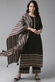 Indo Era Black Solid Straight Kurta With Palazzo Set