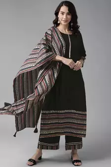 Indo Era Black Solid Straight Kurta With Palazzo Set