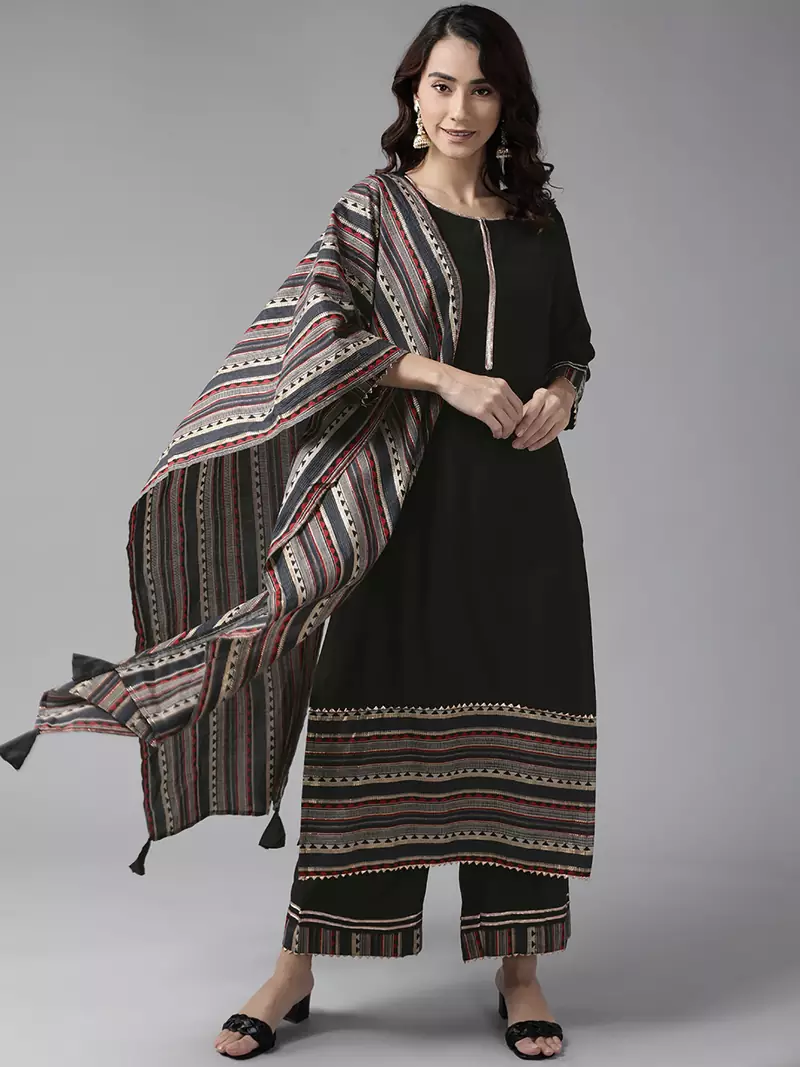 Indo Era Black Solid Straight Kurta With Palazzo Set