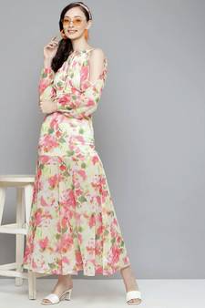White & Pink Floral Cold Shoulder Maxi