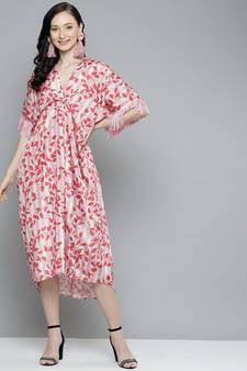 Pink & Red Leaf Print Fringe Lace Kaftan