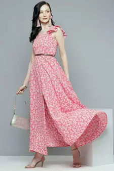 Pink Floral Bardot Belted Maxi Dresses