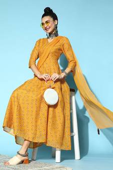 Yellow Lotus Anarkali Maxi With Attached Pallu