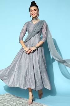 Grey Lotus Anarkali Maxi With Attached Pallu