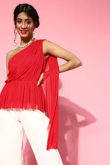 Red Mesh One Shoulder Peplum Top
