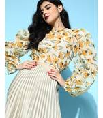Yellow Floral Organza Flounce Sleeve Crop Top