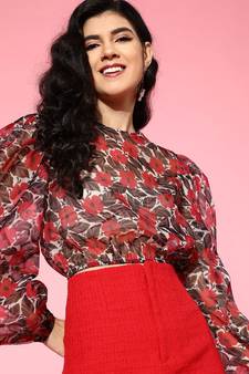 Red Floral Organza Flounce Sleeve Crop Top