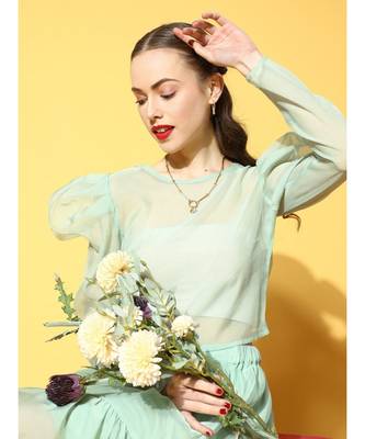 Sea Green Organza Power Shoulder Sheer Crop Top 1