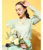 Sea Green Organza Power Shoulder Sheer Crop Top