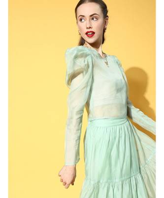 Sea Green Organza Power Shoulder Sheer Crop Top 2