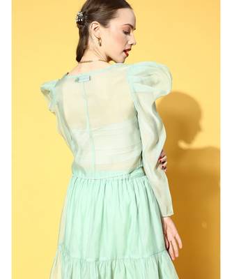 Sea Green Organza Power Shoulder Sheer Crop Top 3