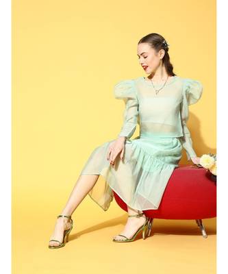 Sea Green Organza Power Shoulder Sheer Crop Top 4