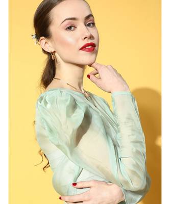 Sea Green Organza Power Shoulder Sheer Crop Top 5
