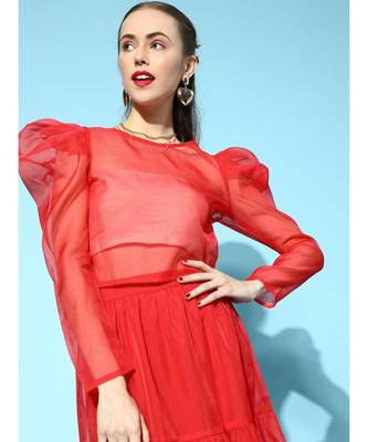 Red Organza Power Shoulder Sheer Crop Top 1