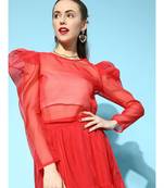 Red Organza Power Shoulder Sheer Crop Top