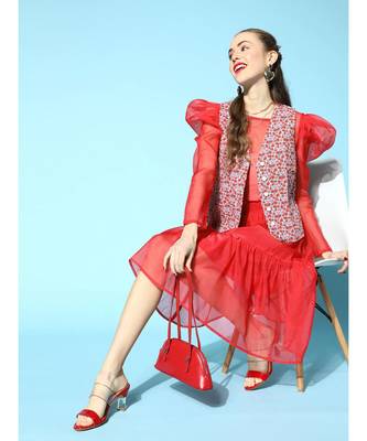 Red Organza Power Shoulder Sheer Crop Top 2