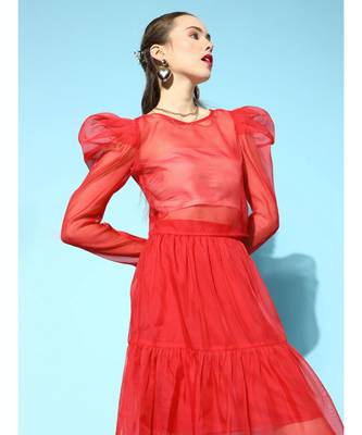 Red Organza Power Shoulder Sheer Crop Top 3
