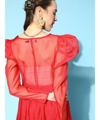 Red Organza Power Shoulder Sheer Crop Top 4