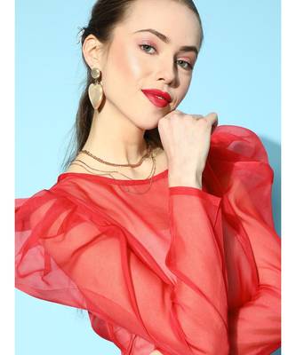 Red Organza Power Shoulder Sheer Crop Top 5