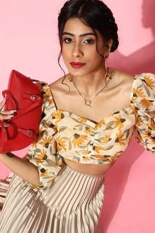 Yellow Floral Organza Ruched Crop Top
