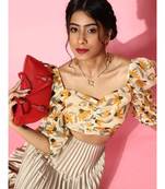 Yellow Floral Organza Ruched Crop Top