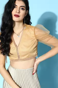 Dark Beige Mesh V Neck Crop Top