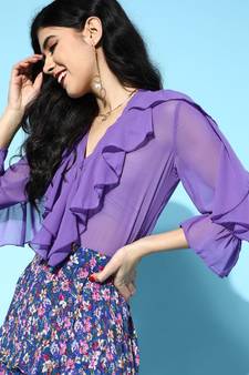 Purple Cascading Ruffle Solid Blouse
