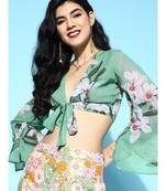 Green Floral Front Tie Up Crop Top