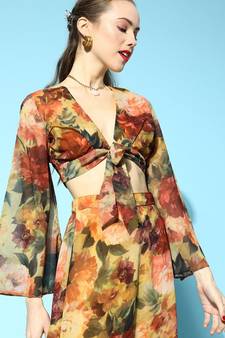 Rust Floral Front Tie Up Crop Top