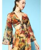 Red Polyester Floral Printed Crop Top with Bell Sleeves