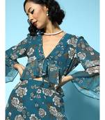 Teal Blue Floral Bell Sleeve Peplum Crop Top