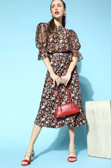 Black Dusty Floral Sheer Organza Sleeve Top