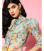 Blue Floral Organza Puff Sleeve Tie Up Top