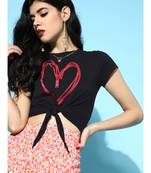 Black With Red Heart Foil Tie Knot Crop tops