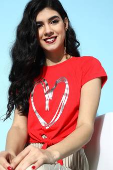 Red With Sliver Heart Foil Tie Knot Crop tops