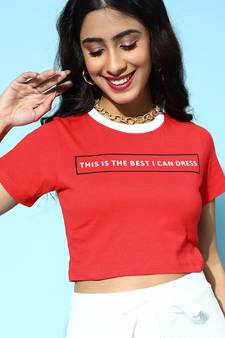 Red Contrast Rib Text Print Crop tops