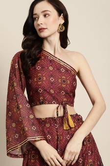 Maroon Patola One Shoulder Crop Top