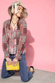 Brown Polyester Printed V-Neck Peplum Top